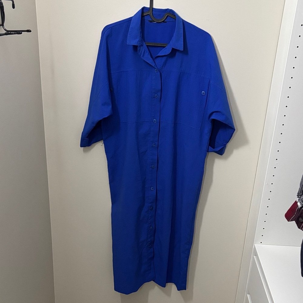 Blue Utility Shirt Dress with pockets on chest & button down tag missing